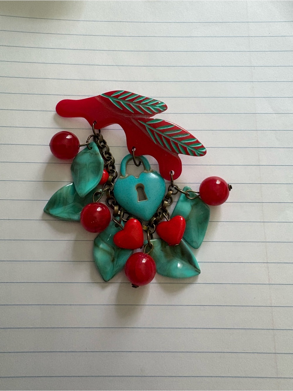 Vintage-Inspired Turquoise & Red Heart Lock Brooch - Accessories